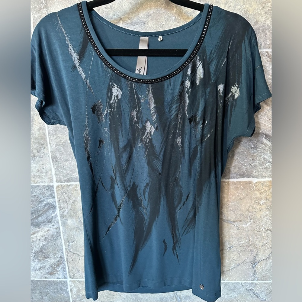 POOOLES Ladies Women’s Size Small Teal Blue Shirt Black Feathers Design